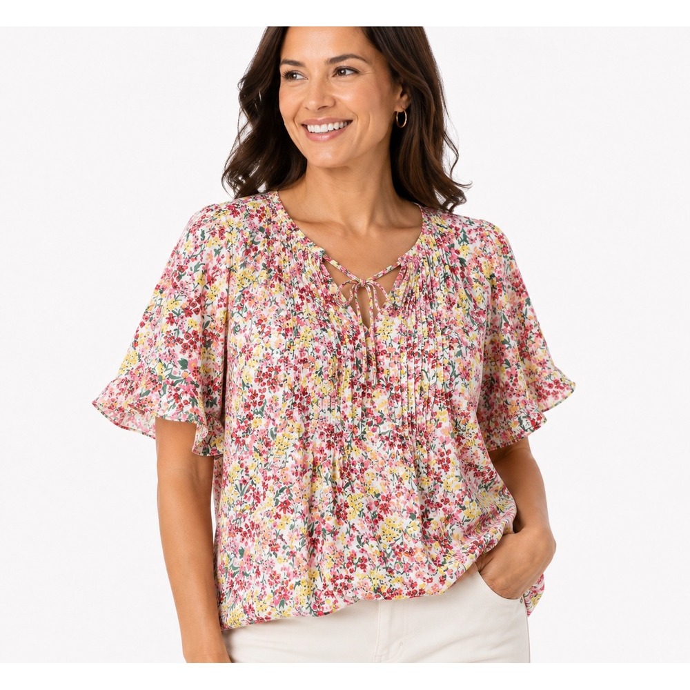 Tommy Hilfiger Womens Floral Pintuck V-Neck Flutter Sleeve Blouse Pink L NWT‎